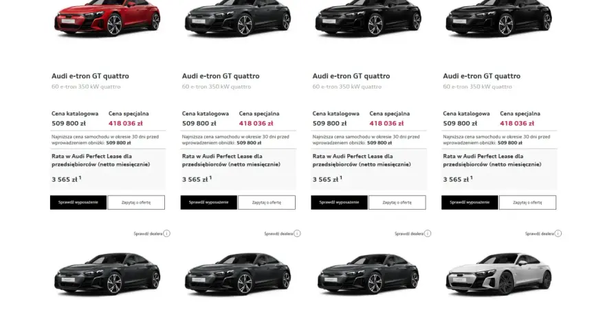 Cztery Audi e-tron GT quattro w różnych kolorach: czerwonym, ciemnoszarym i czarnym. Oferta specjalna na Audi e-tron GT quattro.