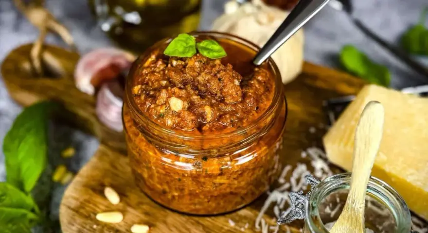 Ein Glas mit leuchtend rotem Pesto, garniert mit Basilikum. Daneben liegen Pinienkerne, Knoblauch und ein Stück Parmesan.