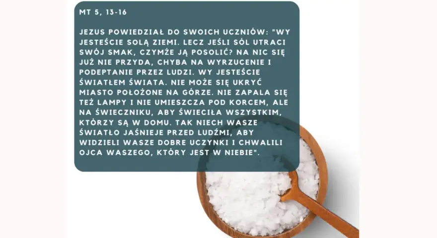 Wy jesteście solą ziemi" – cytat z Ewangelii wg św. Mateusza, ilustrowany miską pełną soli i drewnianą łyżką.