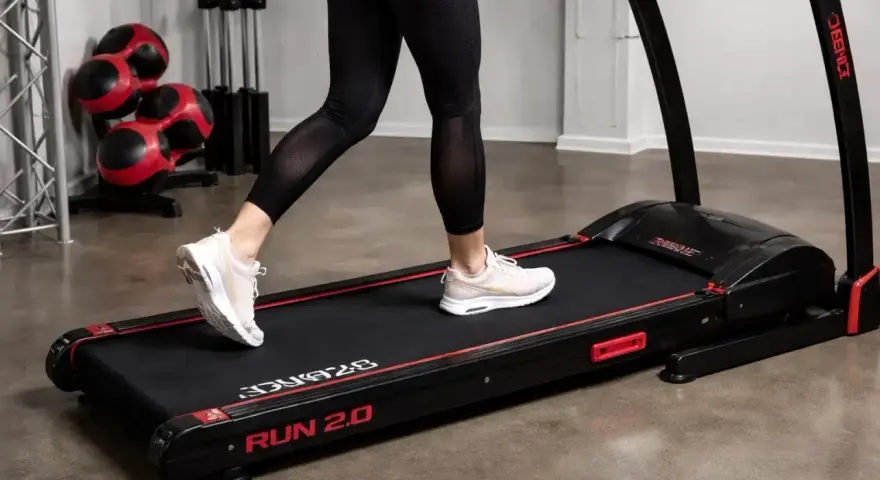 Person springer intervaller på löpbandet "RUN 2.0". Träningsredskap i bakgrunden.
