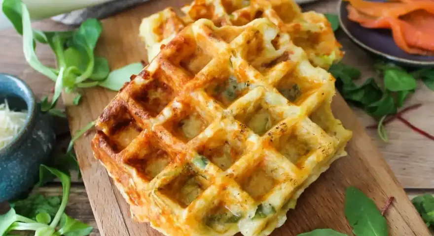 Gaufres salées dorées, garnies de poireaux et fromage, prêtes à être dégustées. Une recette facile pour un repas savoureux.