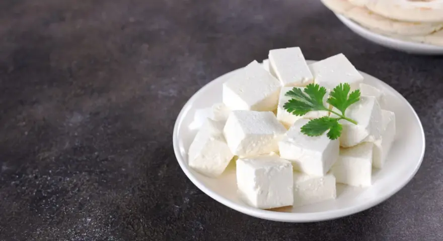 Queso paneer cortado en cubos en un plato blanco con una ramita de cilantro.