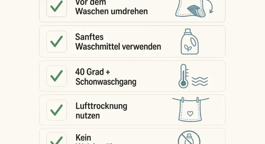 Pflegehinweise: Kleidung umdrehen, sanftes Waschmittel, 40 Grad im Schonwaschgang, lufttrocknen, kein Weichspüler.