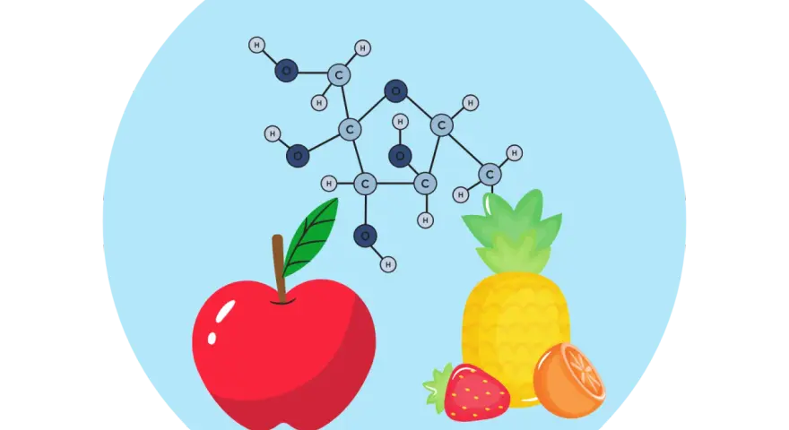 Struktura chemiczna fruktozy i owoce (jabłko, ananas, truskawka, pomarańcza) - czy fruktoza jest zdrowa?