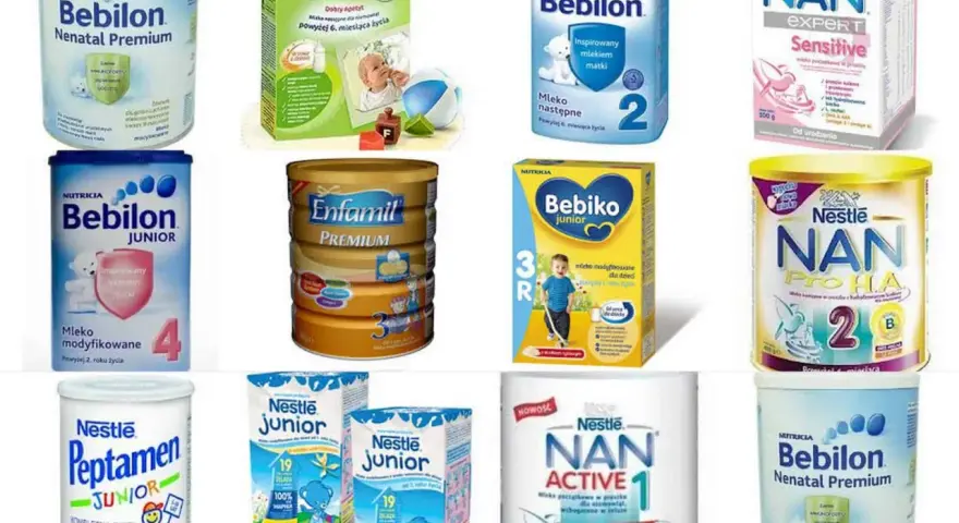 Wybór, jakie mleko dla noworodka jest najlepsze, może być trudny. Na zdjęciu różne rodzaje mleka modyfikowanego: Bebilon, Bebiko, Enfamil, NAN, Peptamen.