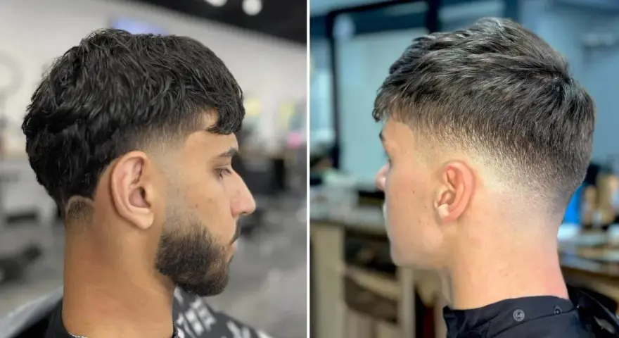 Zwei Männer mit stylischem taper cut. Der linke hat dunkles Haar und Bart, der rechte helleres Haar.