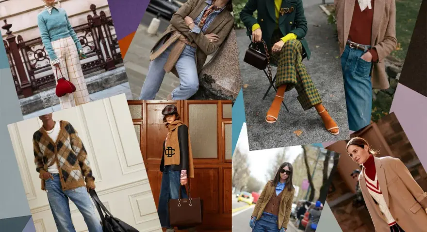 Modelli con giacche, maglioni a rombi e pantaloni a quadri, un look che evoca lo **stile collegiale** con un tocco moderno.