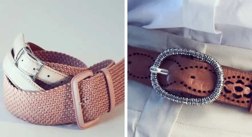Cinture con diversi tipi di fibbia: una in pelle bianca con fibbia metallica, una rosa intrecciata con fibbia in resina e una marrone con fibbia ovale decorata.
