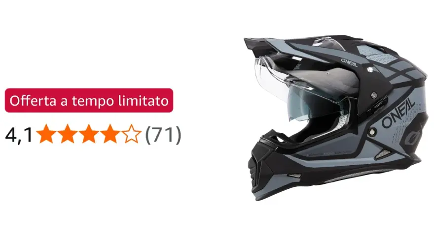 Casco O'Neal Sierra grigio e nero, con visiera trasparente e grafica moderna. Ideale per avventure off-road.