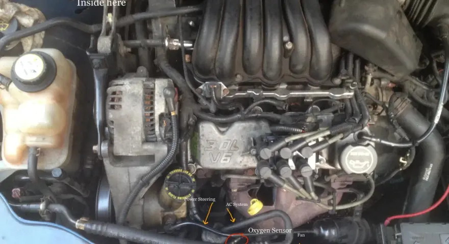 Ford engine bay with labels pointing to the oxygen sensor, AC system, and power steering. This might be related to a p1151 code.