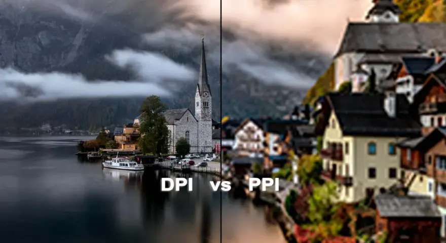 Dwie strony obrazu: lewa z ostrym widokiem na kościół i jezioro, prawa z rozmytym miasteczkiem. Tekst "DPI vs PPI" podkreśla różnicę w jakości.