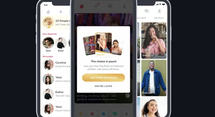Aplikacja Tinder, gdzie możesz poznać nowych ludzi. Zobacz swoje Top Picks i zdecyduj, czy chcesz się z kimś umówić.