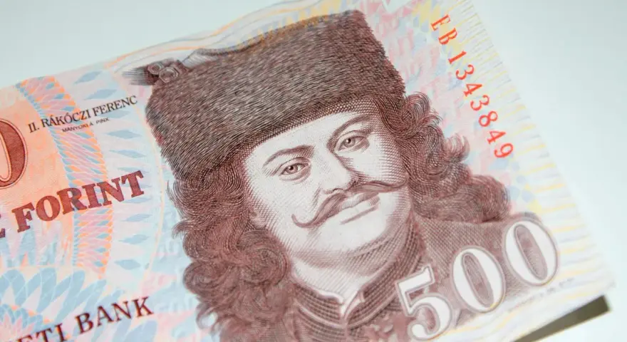 Na banknocie 500 forintów widnieje portret II. Rakoczego Ferenca. Forint to waluta na Węgrzech.