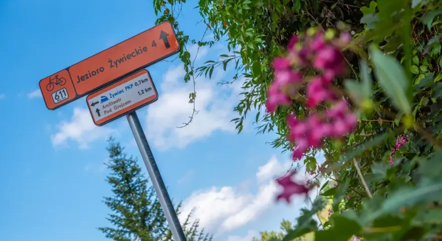 Znaki wskazują trasy rowerowe w Żywcu: Jezioro Żywieckie, Amfiteatr i dworzec PKP.