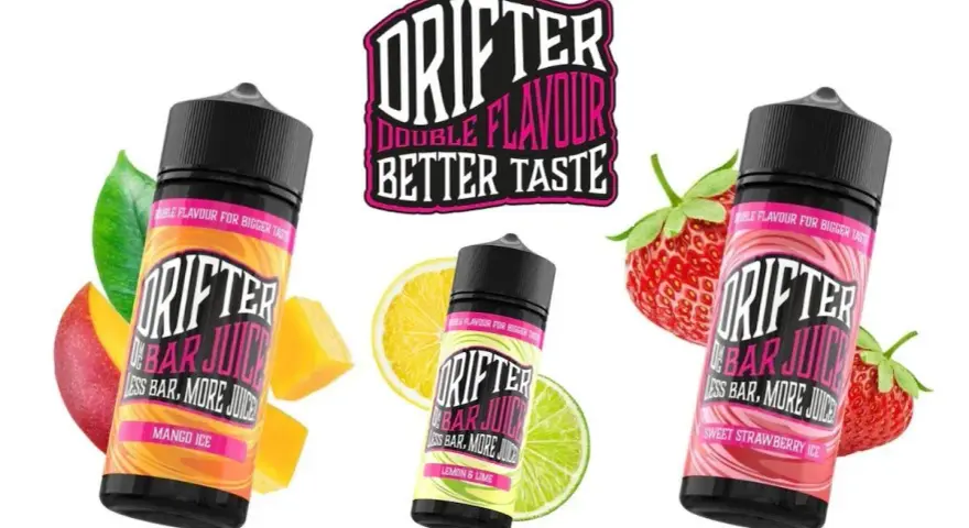 Tres botellas de jugos Drifter con sabores frutales: Mango Ice, Lemon & Lime y Sweet Strawberry Ice. ¡Disfruta de los sabores Drifter!