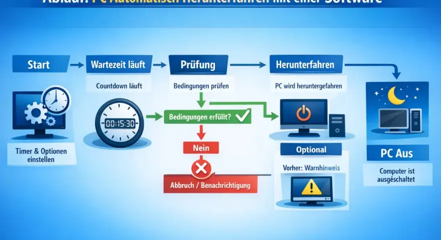 Ablauf eines **windows shutdown timer**: Start, Wartezeit, Prüfung, Herunterfahren, PC Aus. Countdown läuft, Bedingungen prüfen, optional Warnhinweis.