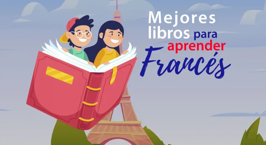 Dos niños sonríen leyendo un libro abierto sobre París. Descubre los mejores libros para aprender francés y emprender tu aventura lingüística.
