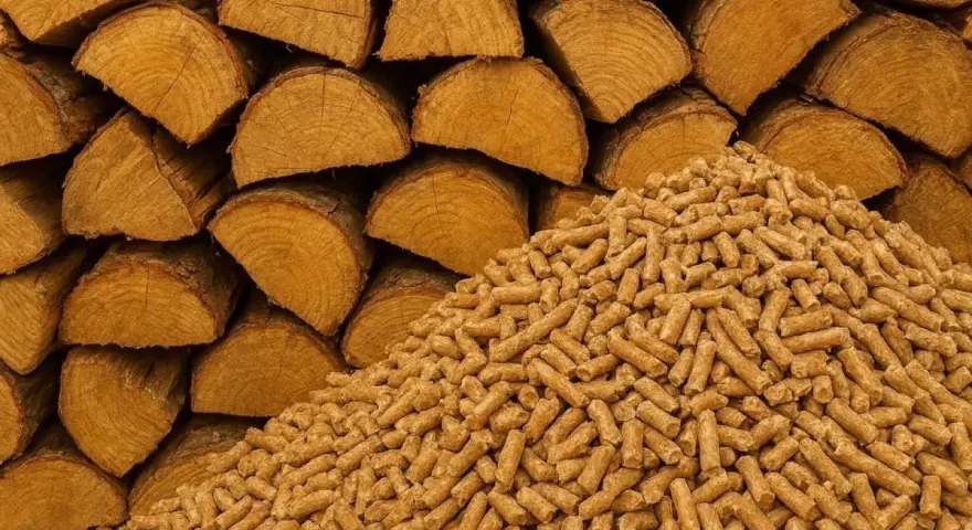 Bûches de bois empilées à côté d'une montagne de granulés, deux formes de biomasse offrant un excellent pouvoir calorifique pour le chauffage.