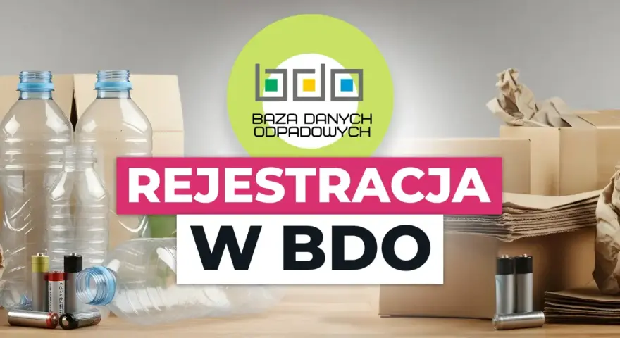 Chcesz wiedzieć, jak sprawdzić numer BDO po NIP? Grafika przedstawia logo BDO i tekst "Rejestracja w BDO" na tle butelek, baterii i kartonów.