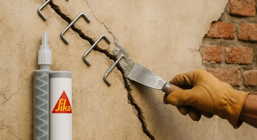 Réparation d'un enduit fissure extérieur avec des agrafes métalliques et un produit Sika. Un artisan applique le mortier.
