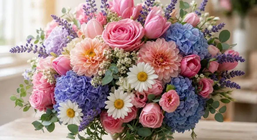 Un ramo vibrante con rosas, tulipanes, hortensias y lavanda, ideal para descubrir tipos de flores para regalar.