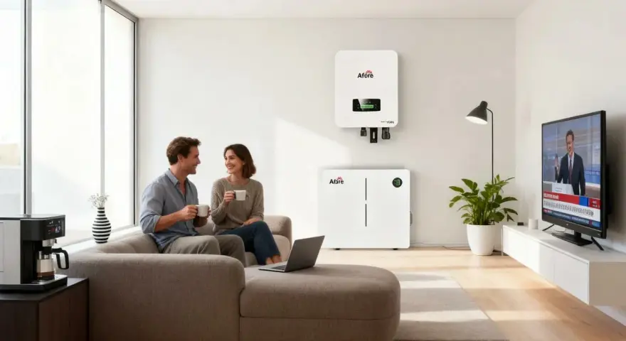 Para dom, para fotowoltaika 10kW. Para dyskutuje o wyborze falownika, relaksując się przy kawie.