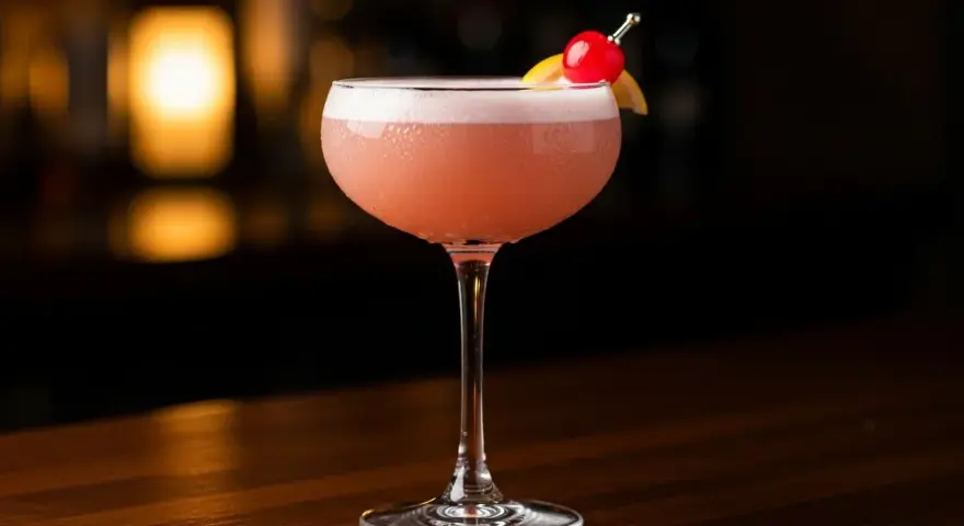 En rosa drink, en Pink Lady, med skum och garnering av körsbär och citronklyfta, står på en träyta.
