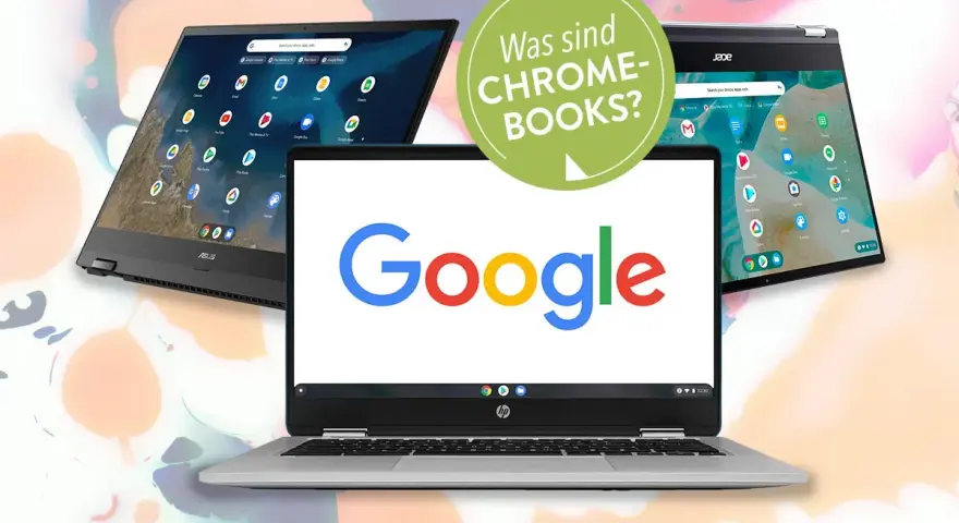 Drei Chromebooks, eines mit Google-Logo, zeigen, was sind Chromebooks? Ideal für den schnellen Zugriff auf Apps und das Web.