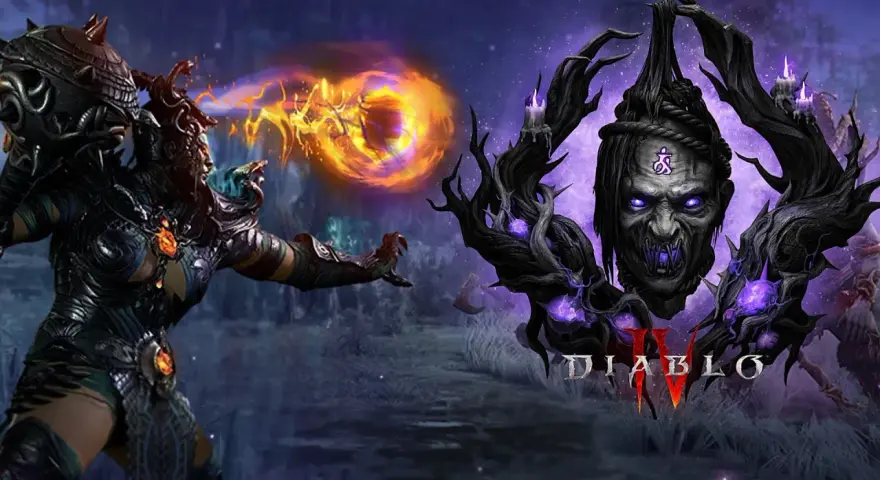 Postać z Diablo 4 nowy sezon rzuca ognistą kulę. W tle złowroga twarz i logo gry.