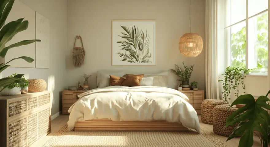 Helles, natürliches Schlafzimmer im Boho-Stil. Die sanften Erdtöne und Pflanzen schaffen eine harmonische feng shui schlafzimmer farbe Atmosphäre.