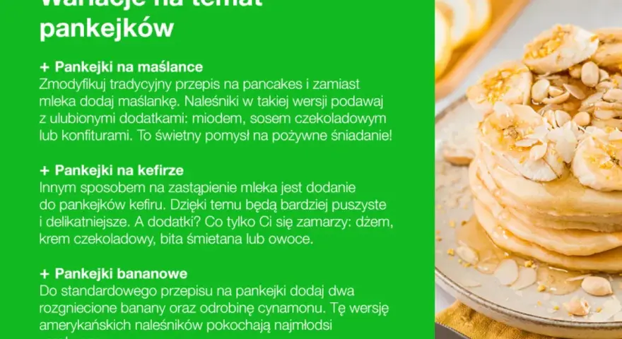 Stos prostych pankejków z bananami i migdałami, polane miodem. Idealne na śniadanie.