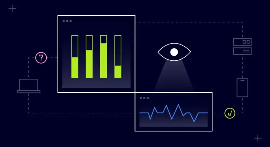 Visualizing security monitoring definition: an eye watches data streams, showing graphs and network activity, with devices and a checkmark indicating system health.
