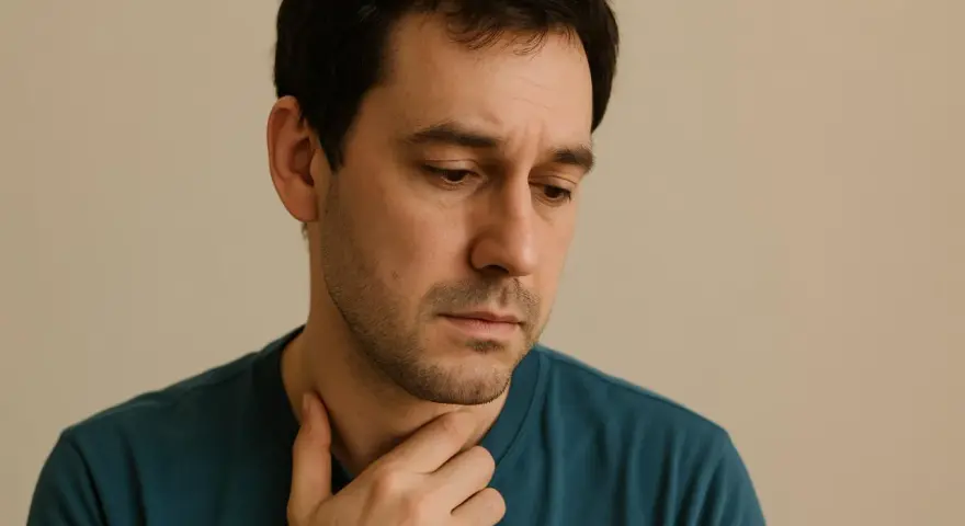 Uomo pensieroso, con mano sul collo, sembra voler evitare lo sguardo, significato di introspezione o disagio.