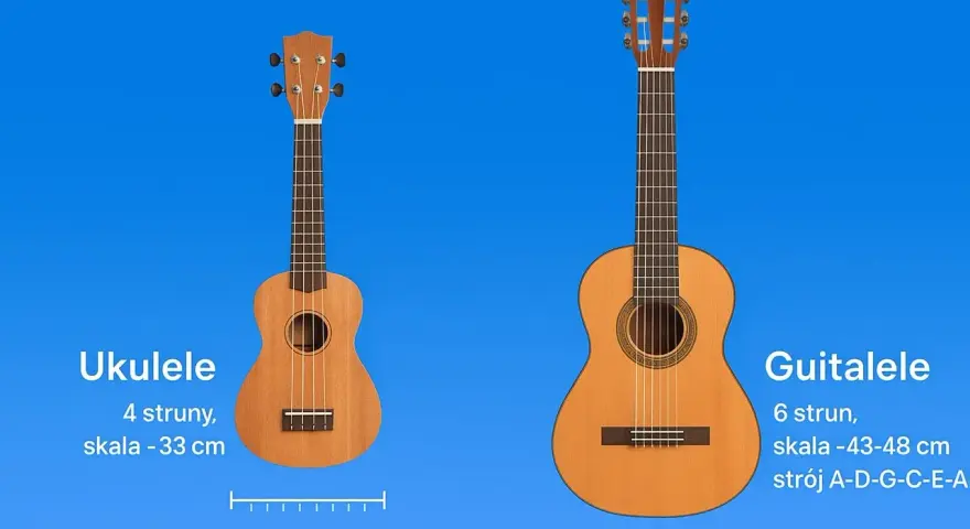Ukulele i guitalele obok siebie, porównanie menzury w gitarze i ukulele.