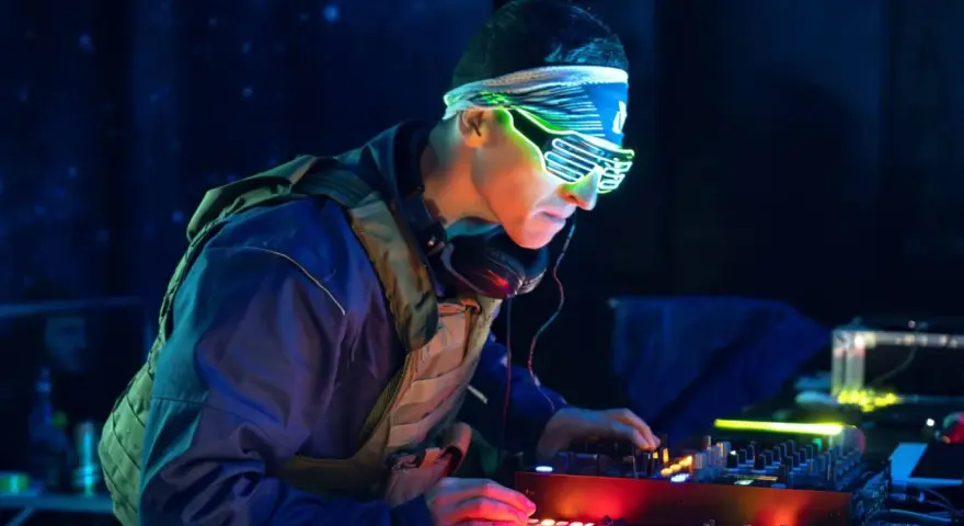 DJ w neonowych okularach tworzy pulsujący rytm acid house, zanurzając się w mroku klubu.