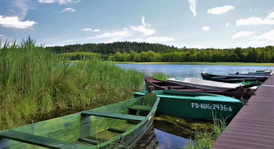Zielone łodzie przy pomoście, idealne na wyprawę po jeziorach. Suwalszczyzna atrakcje czekają!
