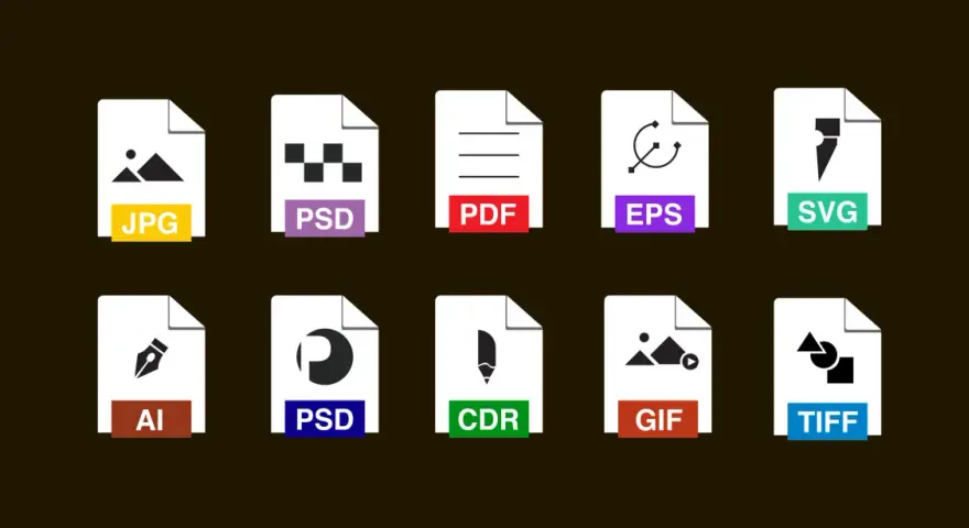 Ikony plików: JPG, PSD, PDF, EPS, SVG, AI, CDR, GIF, TIFF. Wybierz odpowiedni format do druku dla swoich projektów graficznych.