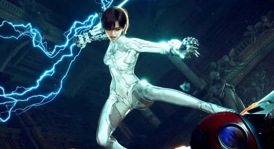 Una guerrera con traje blanco desata rayos azules en una pose de combate, lista para la acción en Stellar Blade 2.
