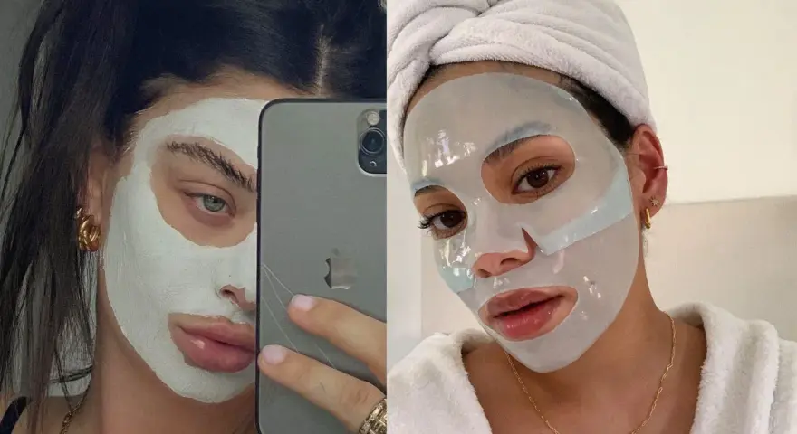 Due immagini affiancate: una donna con maschera viso bianca e un telefono, l'altra con maschera in tessuto e asciugamano in testa. Attenzione, le maschere viso scadono!