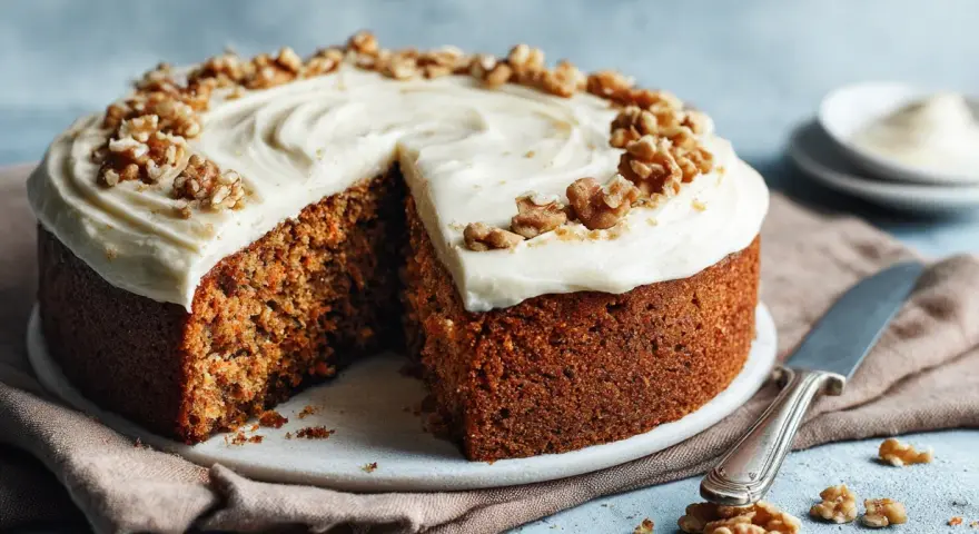 En saftig morotskaka med krämig frosting och valnötter, perfekt för ett gott morotskaka recept.