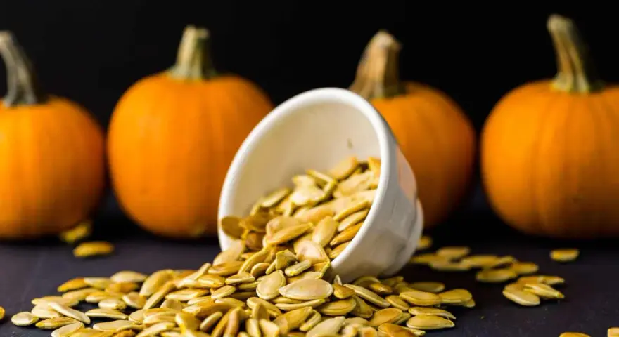 Semi di zucca freschi versati da una ciotola, con zucche arancioni sullo sfondo. Perfetti per essere piantati.