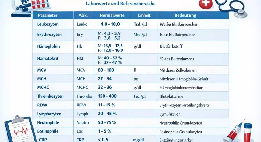 Blutbild-Tabelle: Erythrozyten wert (rote Blutkörperchen) mit Normalwerten und Bedeutung. Laborwerte für ein Blutbild.