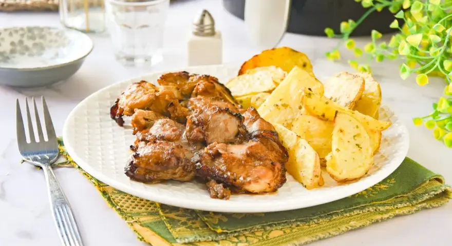 Contramuslos de pollo jugosos y dorados con patatas asadas en un plato blanco.