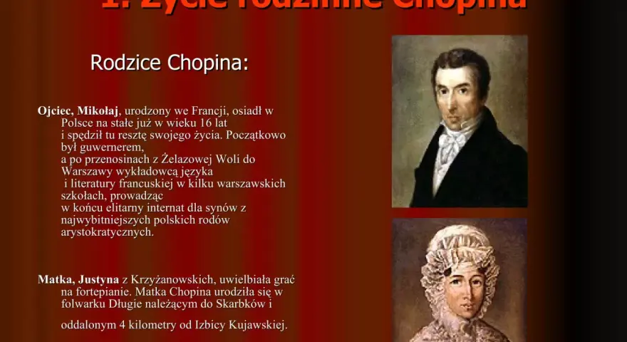 Portrety rodziców Chopina: ojca Mikołaja, francuskiego guwernera, i matki Justyny, pianistki. W tle tekst o ich życiu, wspominający lato w Nohant.