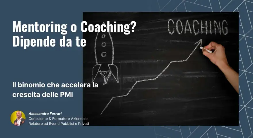 Il mentoring aziendale e il coaching accelerano la crescita delle PMI. Una lavagna con razzo e grafico in salita.