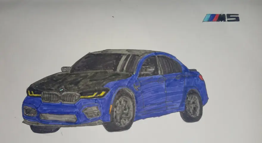 Rysunek przedstawia niebieskie auto BMW M5. Oto jak narysować auto BMW M5 krok po kroku.