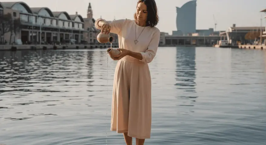 Mujer con vasijas vertiendo agua, evoca la templanza y la torre del tarot.