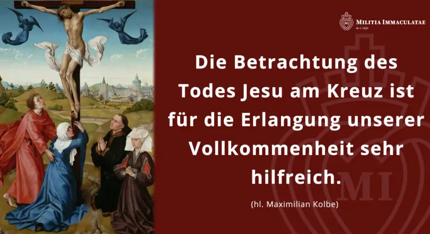 Jesus am Kreuz, umgeben von Engeln und betenden Menschen. Die Szene symbolisiert Erlösung und Vollkommenheit.