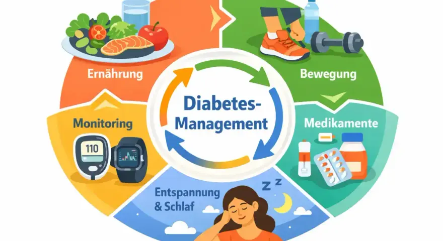 Kreislauf für Diabetes-Management: Ernährung, Bewegung, Medikamente, Entspannung & Schlaf, Monitoring.