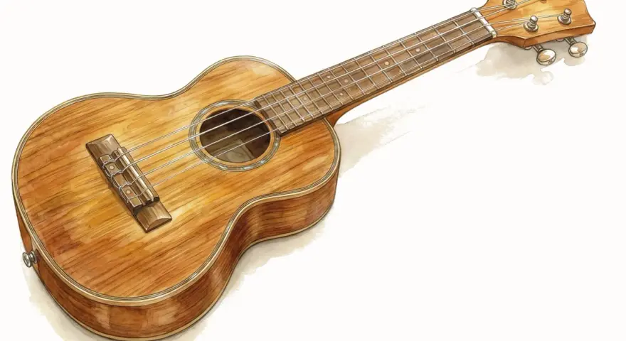 Ein Ukulele, ein beliebtes Musikinstrument, mit wunderschöner Holzmaserung.